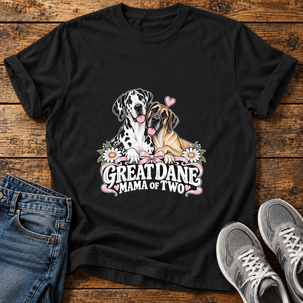 Great Dane Mama graphic T-shirt in Black, shown on a flat-lay shirt mockup