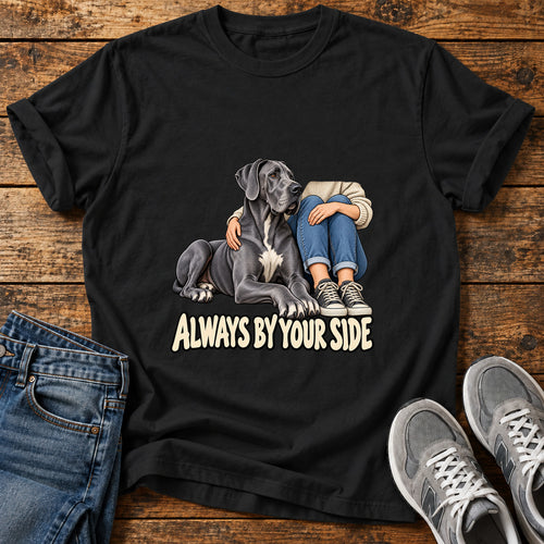 Always By Your Great Dane graphic T-shirt in Black, shown on a flat-lay shirt mockup