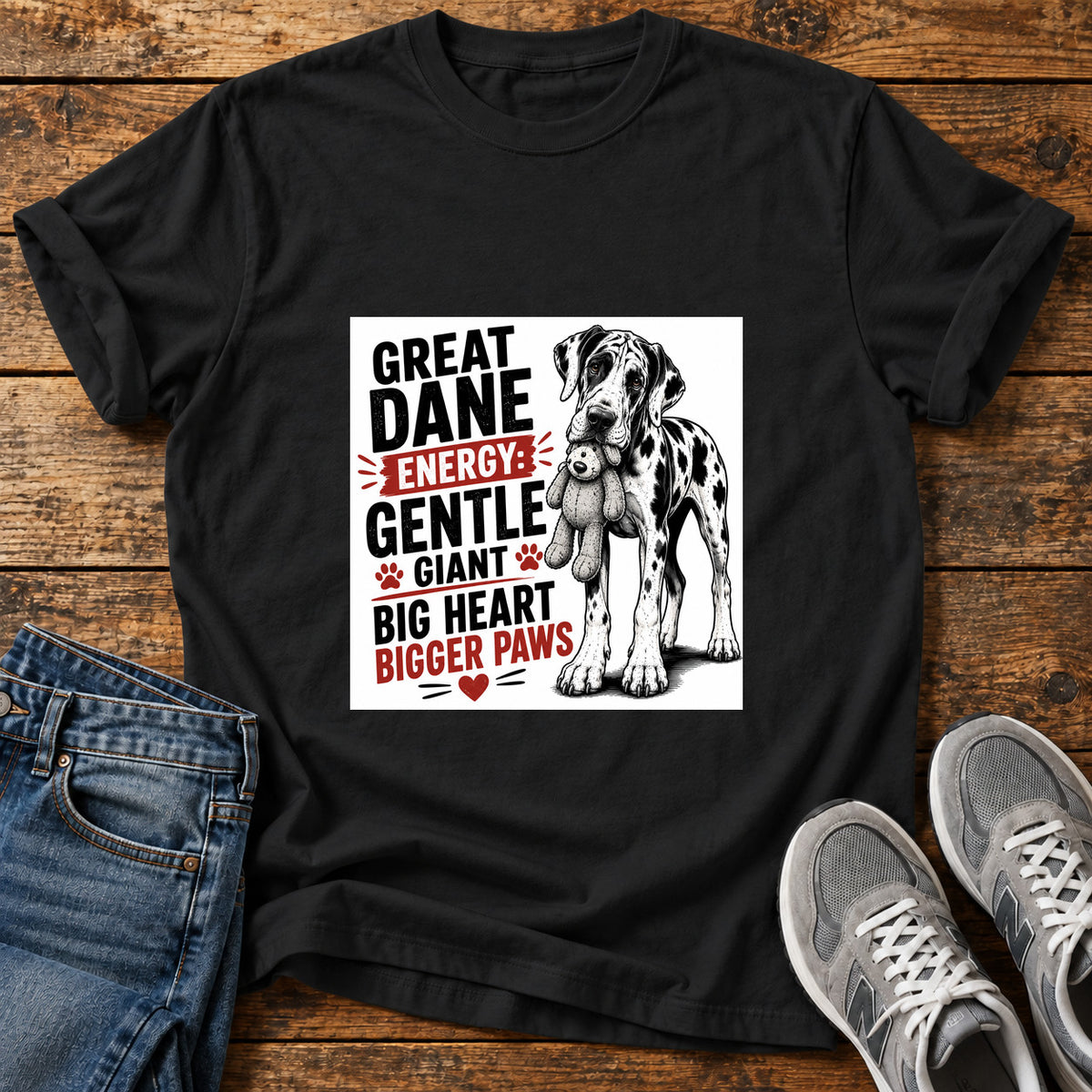Great Dane Energy graphic T-shirt in Black, shown on a flat-lay shirt mockup