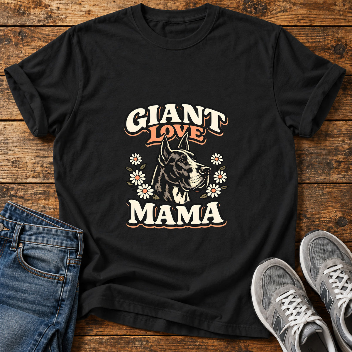 Giant Love Mama Great Dane graphic T-shirt in Black, shown on a flat-lay shirt mockup