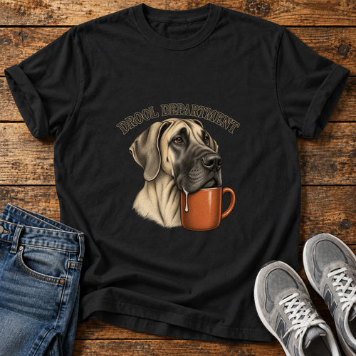 Drool Department Great Dane graphic T-shirt in Black, shown on a flat-lay shirt mockup