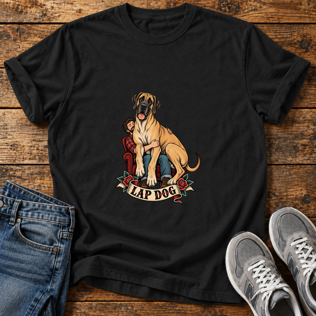 Lap Dog Great Dane graphic T-shirt in Black, shown on a flat-lay shirt mockup