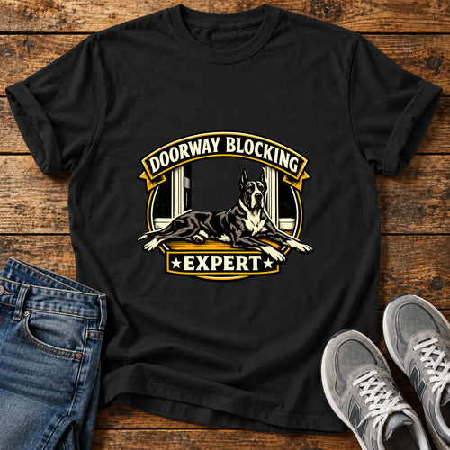 Doorway Expert Great Dane graphic T-shirt in Black, shown on a flat-lay shirt mockup