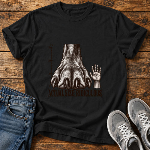 Actual Size Ridiculous Great Dane graphic T-shirt in Black, shown on a flat-lay shirt mockup