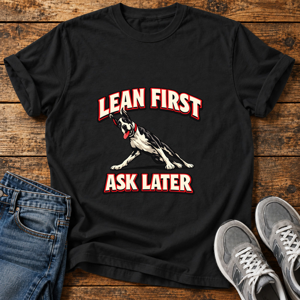 Lean First Great Dane graphic T-shirt in Black, shown on a flat-lay shirt mockup