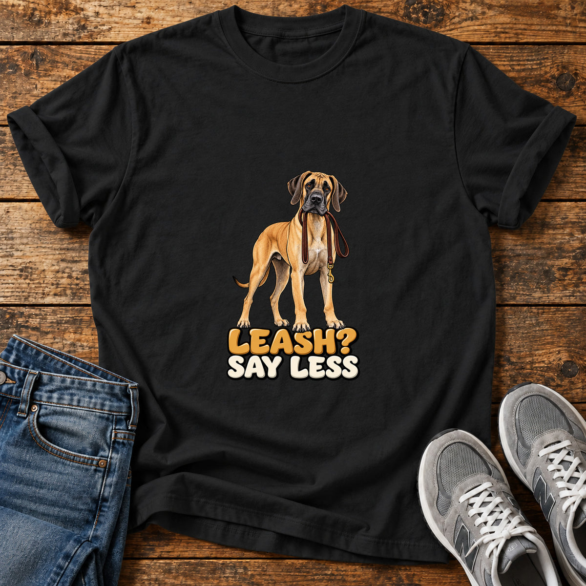 Leash Say Less Great Dane graphic T-shirt in Black, shown on a flat-lay shirt mockup