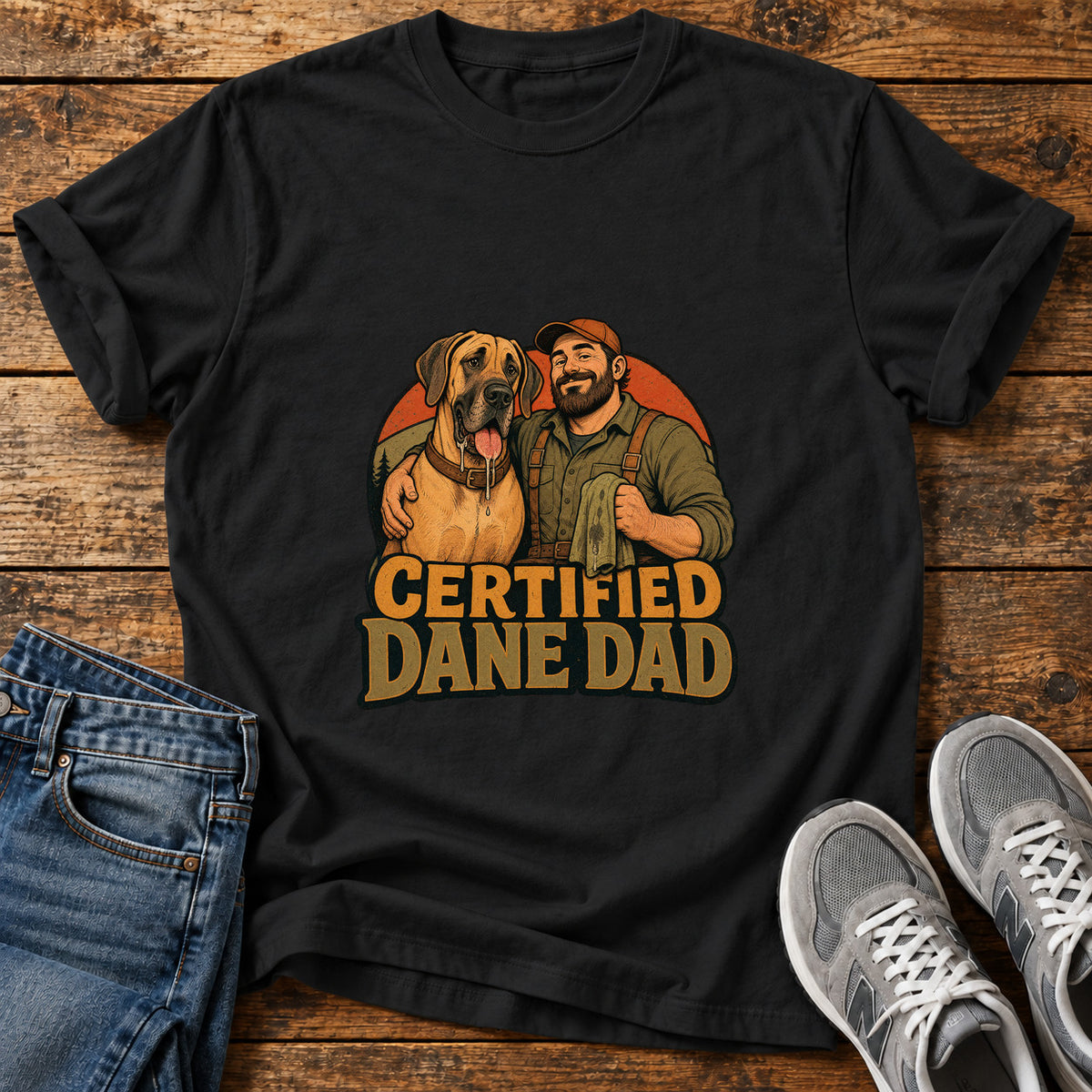Certified Dane Dad Great Dane graphic T-shirt in Black, shown on a flat-lay shirt mockup