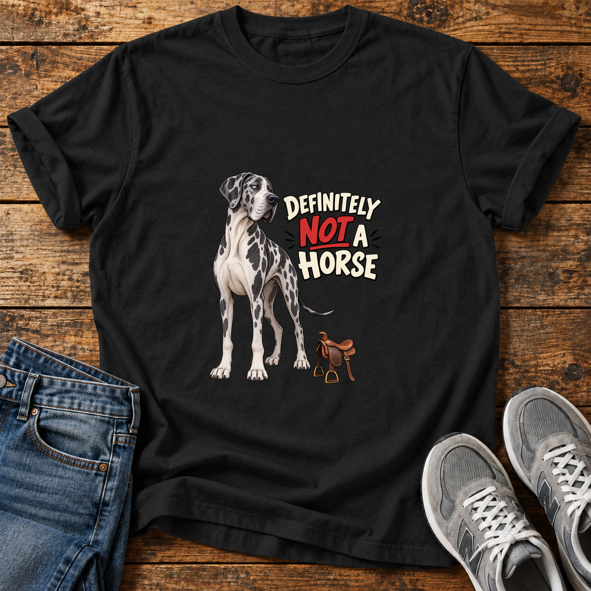Not A Horse Great Dane graphic T-shirt in Black, shown on a flat-lay shirt mockup