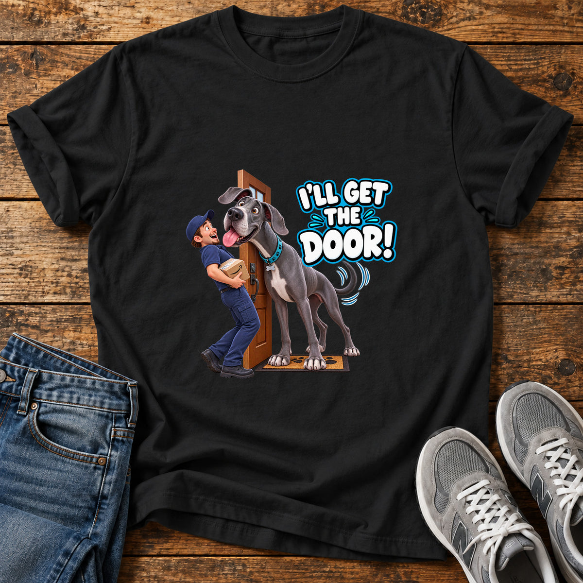 I'll Get Door Great Dane graphic T-shirt in Black, shown on a flat-lay shirt mockup