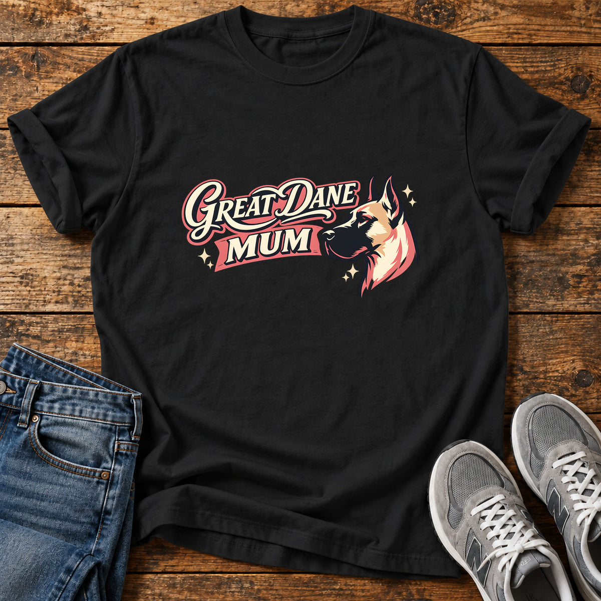 Great Dane Mum graphic T-shirt in Black, shown on a flat-lay shirt mockup