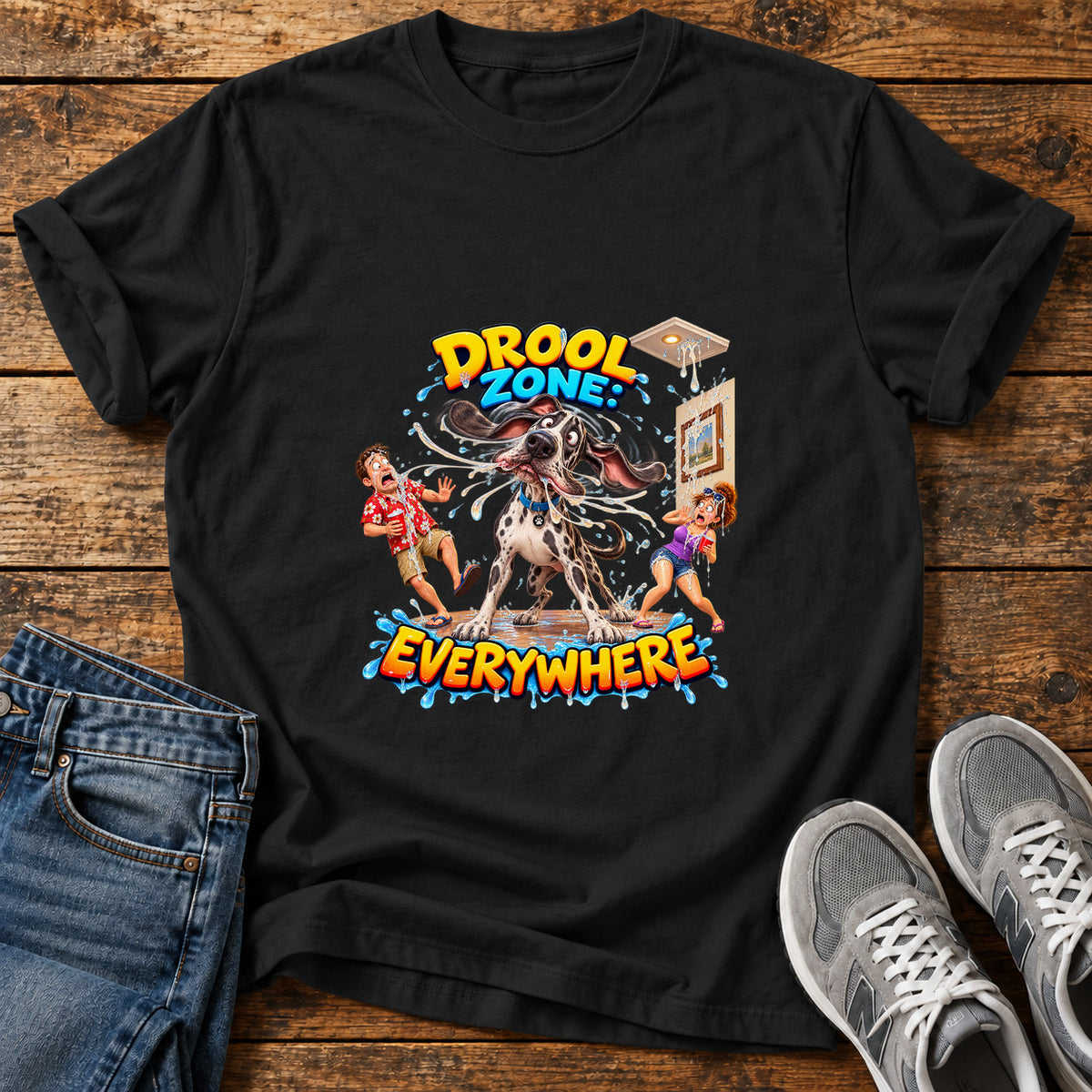Drool Zone Everywhere Great Dane graphic T-shirt in Black, shown on a flat-lay shirt mockup