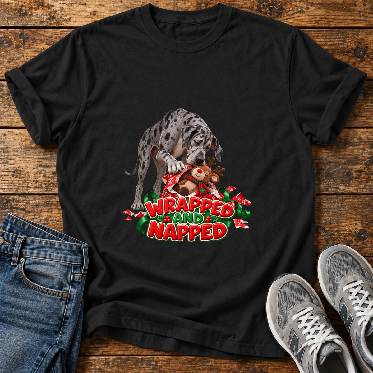 Wrapped Napped Great Dane graphic T-shirt in Black, shown on a flat-lay shirt mockup