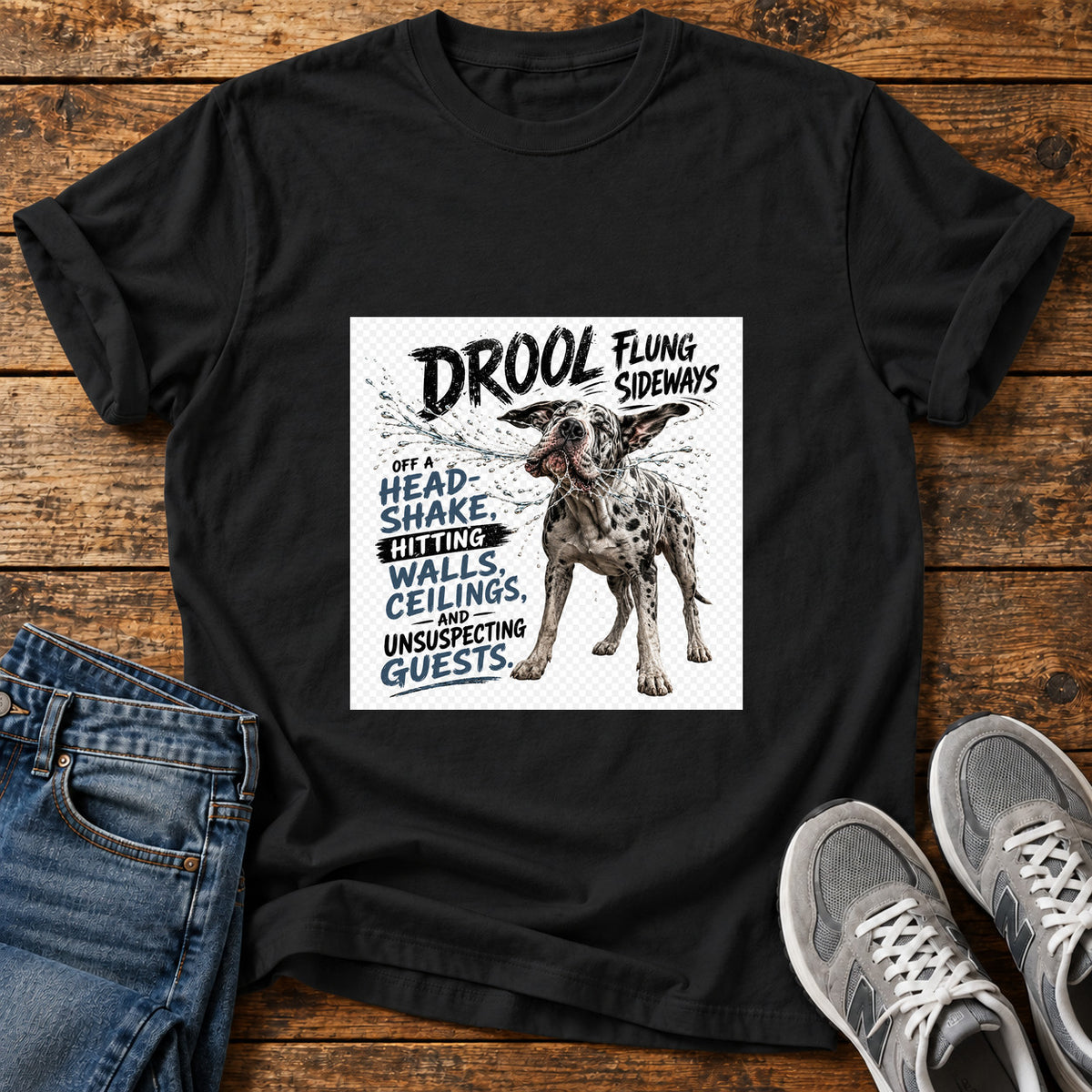 Drool Flung Sideways Great Dane graphic T-shirt in Black, shown on a flat-lay shirt mockup