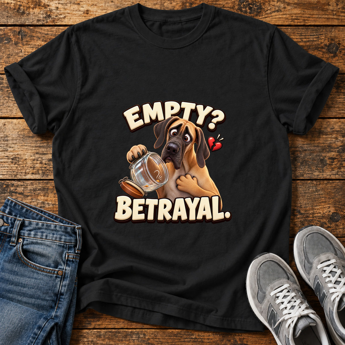 Empty Betrayal Great Dane graphic T-shirt in Black, shown on a flat-lay shirt mockup