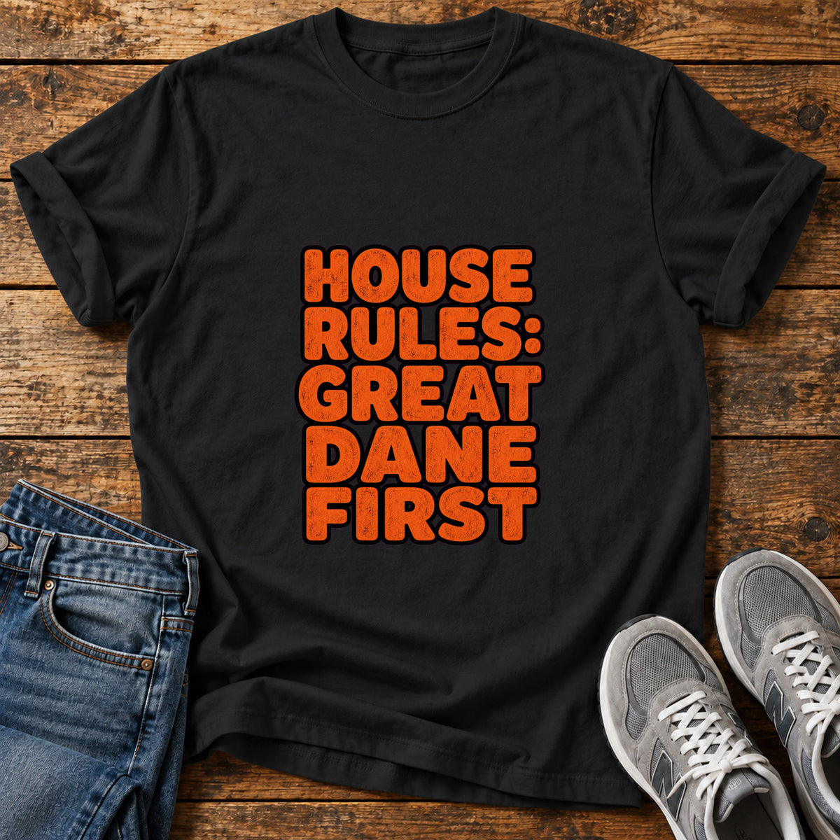 Great Dane Rules graphic T-shirt in Black, shown on a flat-lay shirt mockup