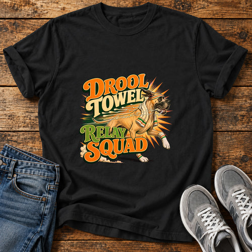Drool Towel Squad Great Dane graphic T-shirt in Black, shown on a flat-lay shirt mockup