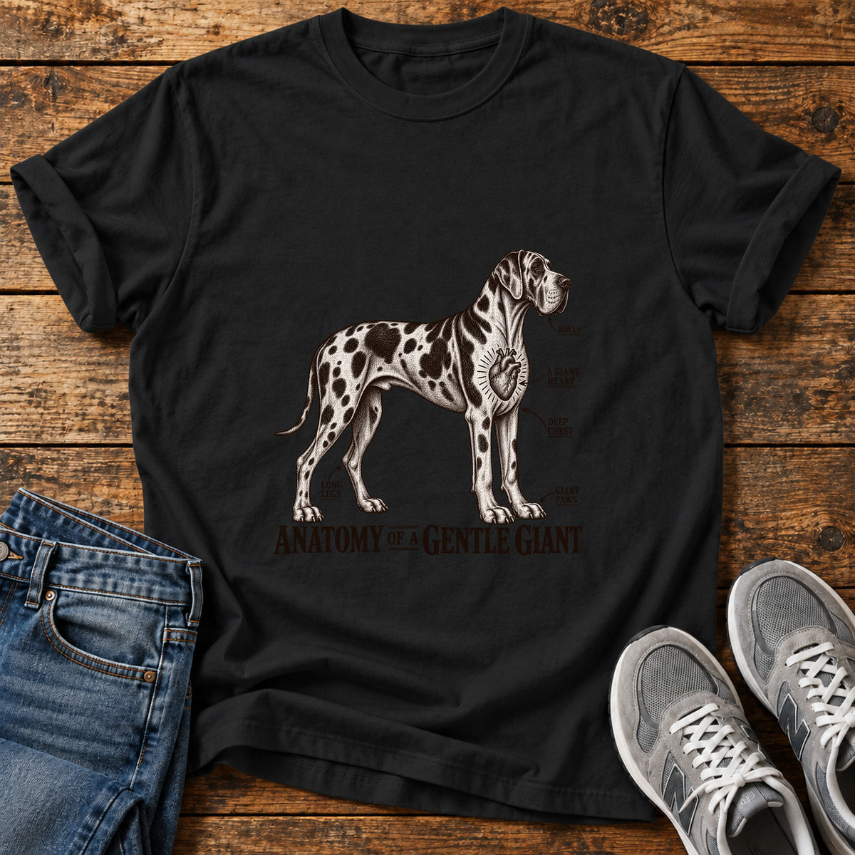 Gentle Giant Anatomy Great Dane graphic T-shirt in Black, shown on a flat-lay shirt mockup