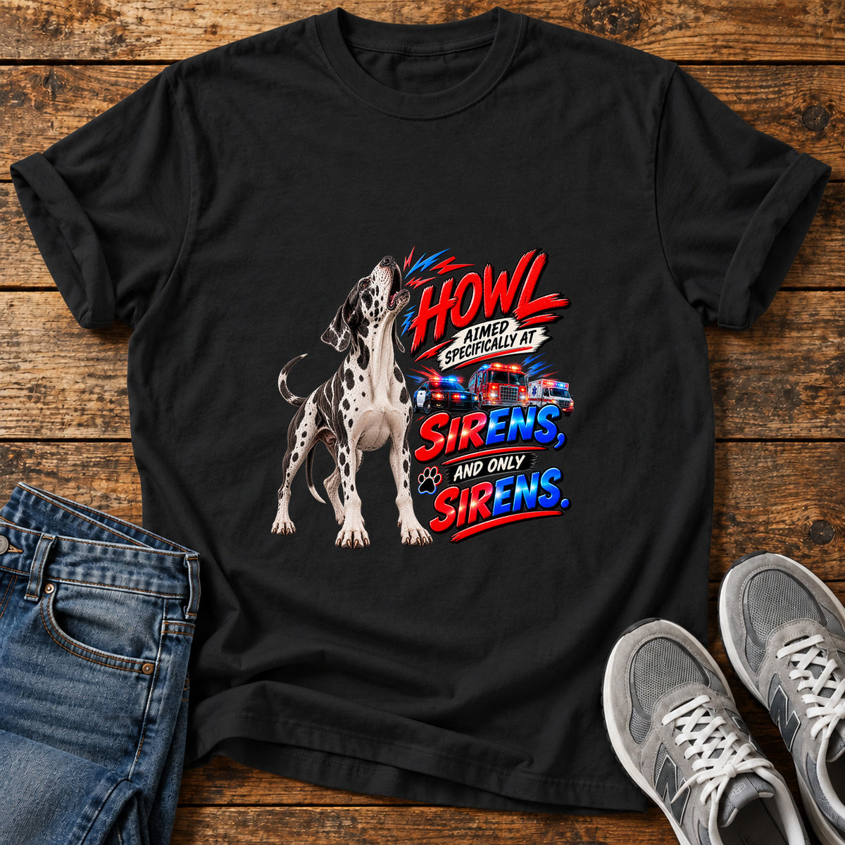 Howl At Sirens Great Dane graphic T-shirt in Black, shown on a flat-lay shirt mockup