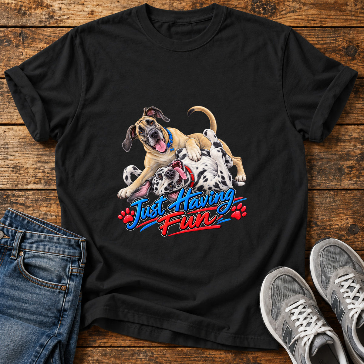 Just Having Fun Great Dane graphic T-shirt in Black, shown on a flat-lay shirt mockup