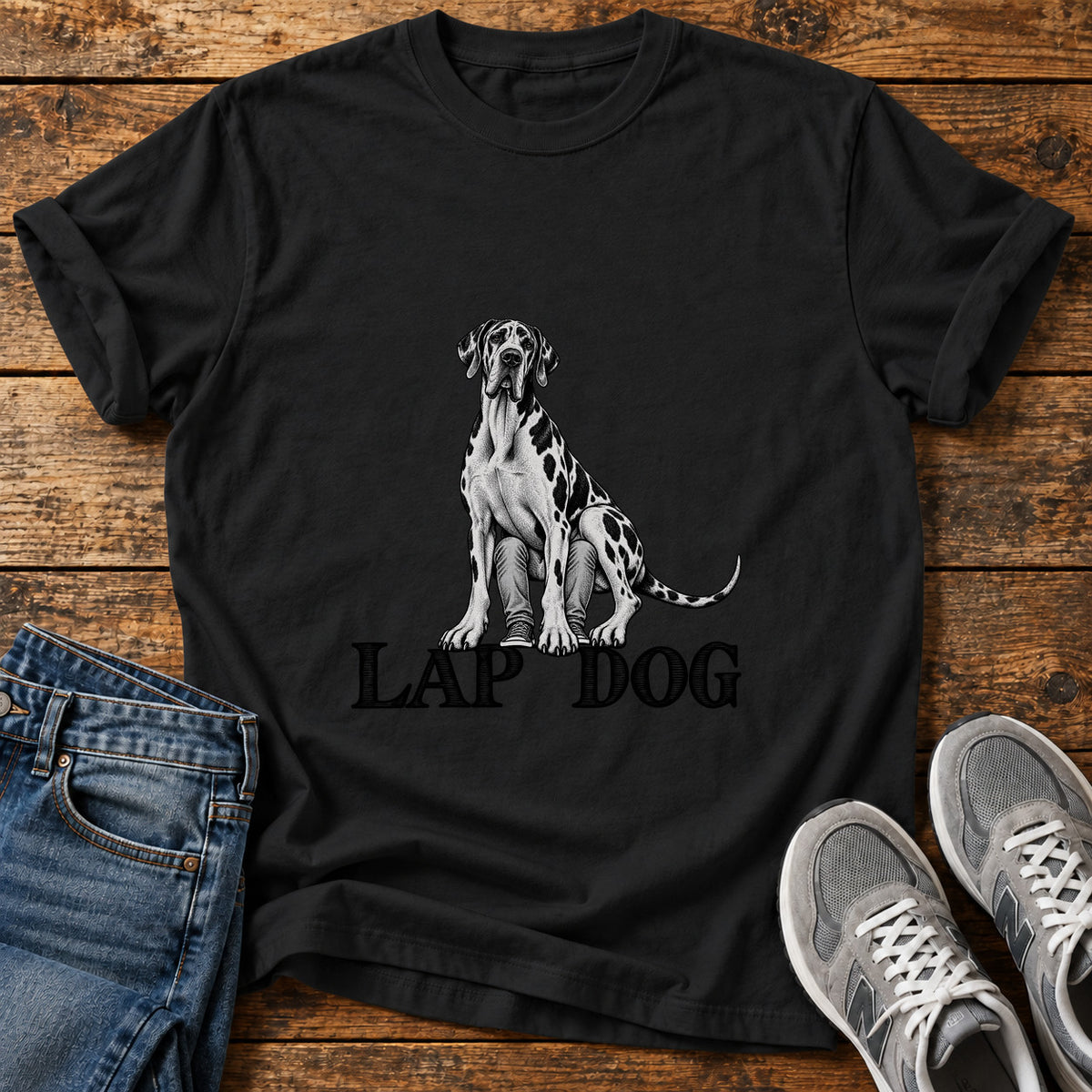 Lap Dog Great Dane graphic T-shirt in Black, shown on a flat-lay shirt mockup