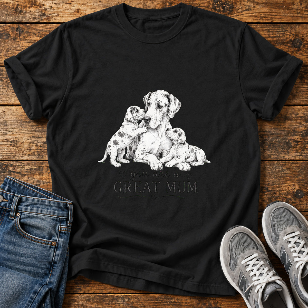 Great Mum Great Dane graphic T-shirt in Black, shown on a flat-lay shirt mockup