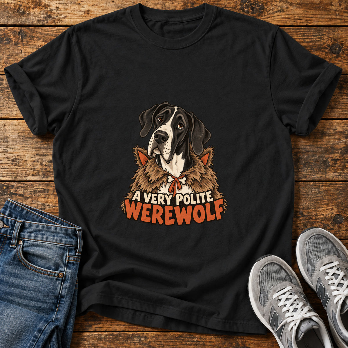 Polite Werewolf Great Dane graphic T-shirt in Black, shown on a flat-lay shirt mockup