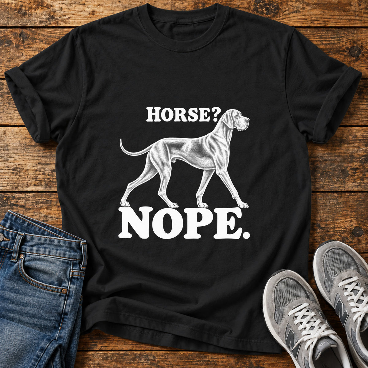 Horse Nope Great Dane graphic T-shirt in Black, shown on a flat-lay shirt mockup