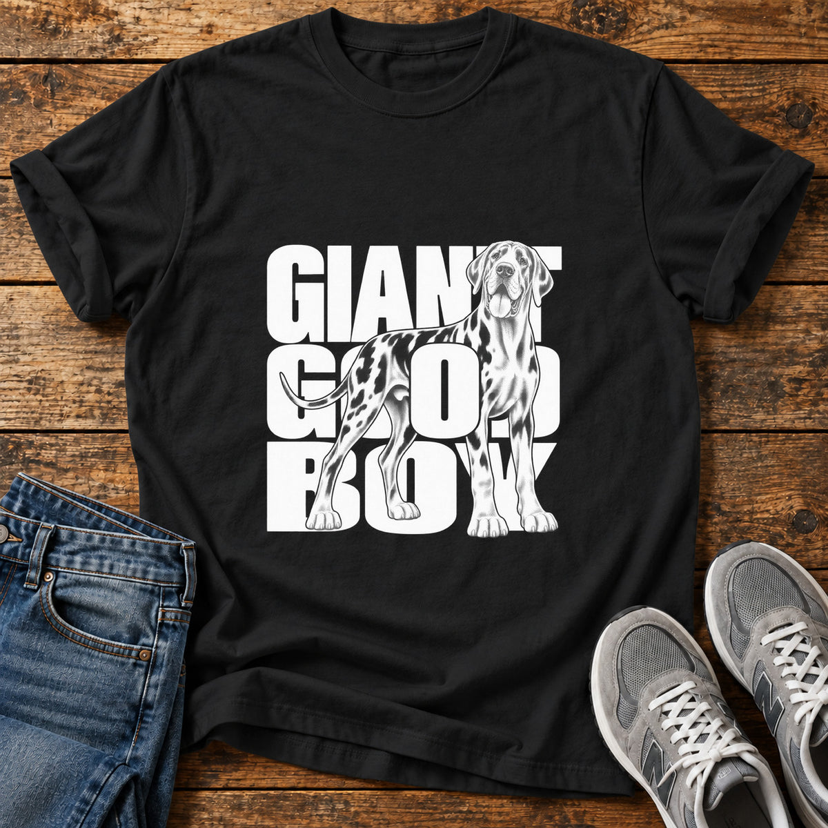 Giant Good Boy Great Dane graphic T-shirt in Black, shown on a flat-lay shirt mockup