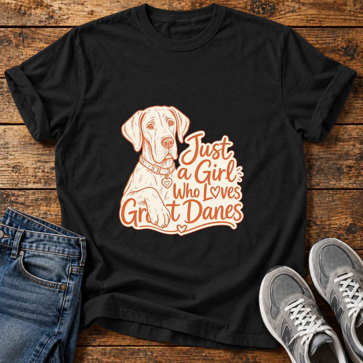 Great Dane Love graphic T-shirt in Black, shown on a flat-lay shirt mockup