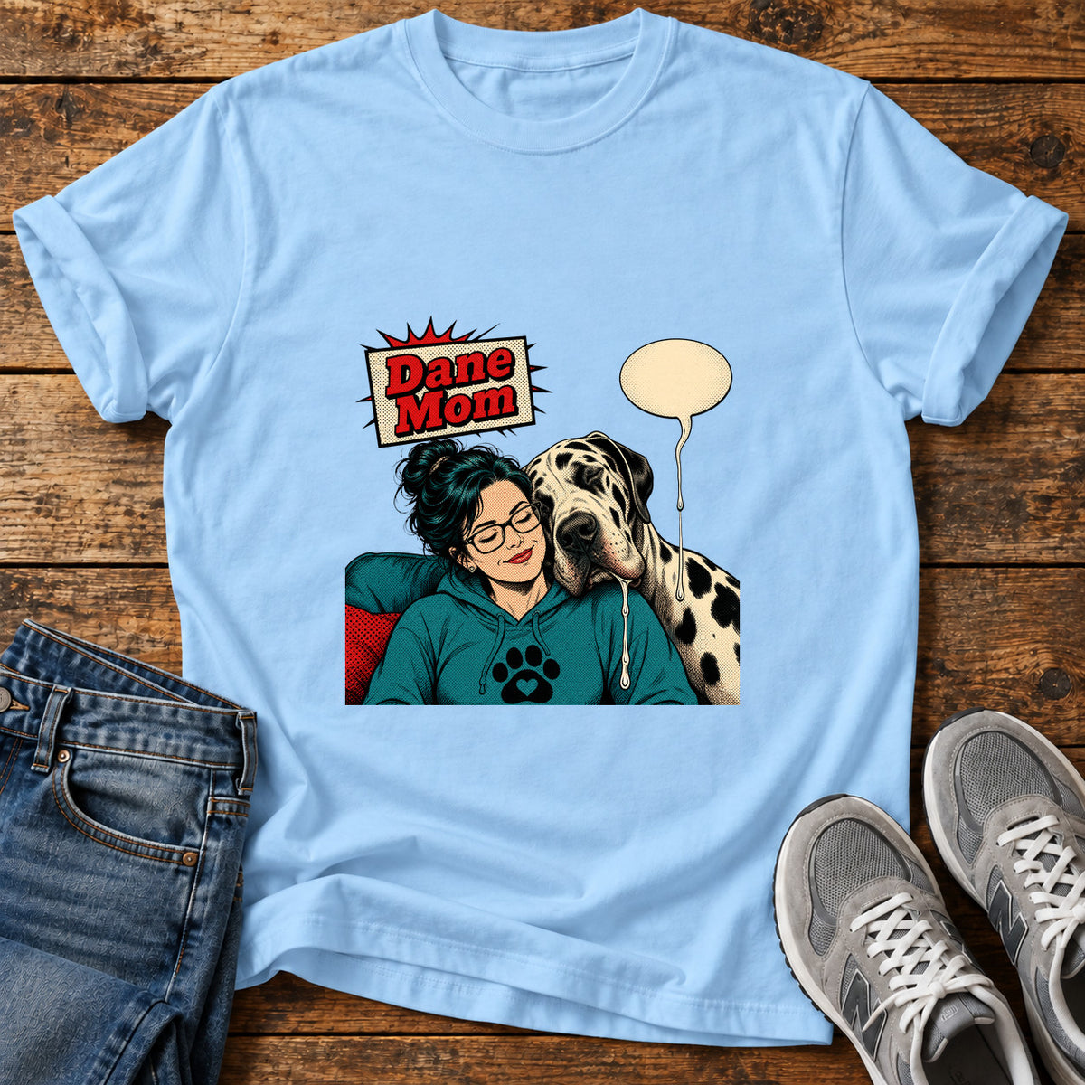 Dane Mom Great Dane graphic T-shirt in Light Blue, shown on a flat-lay shirt mockup
