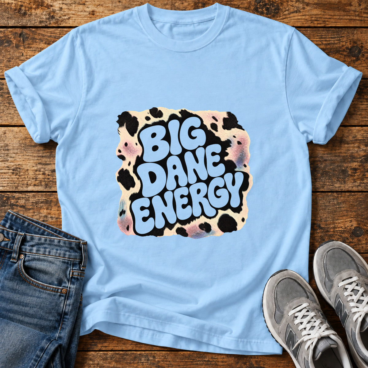 Big Dane Vibe Great Dane graphic T-shirt in Light Blue, shown on a flat-lay shirt mockup