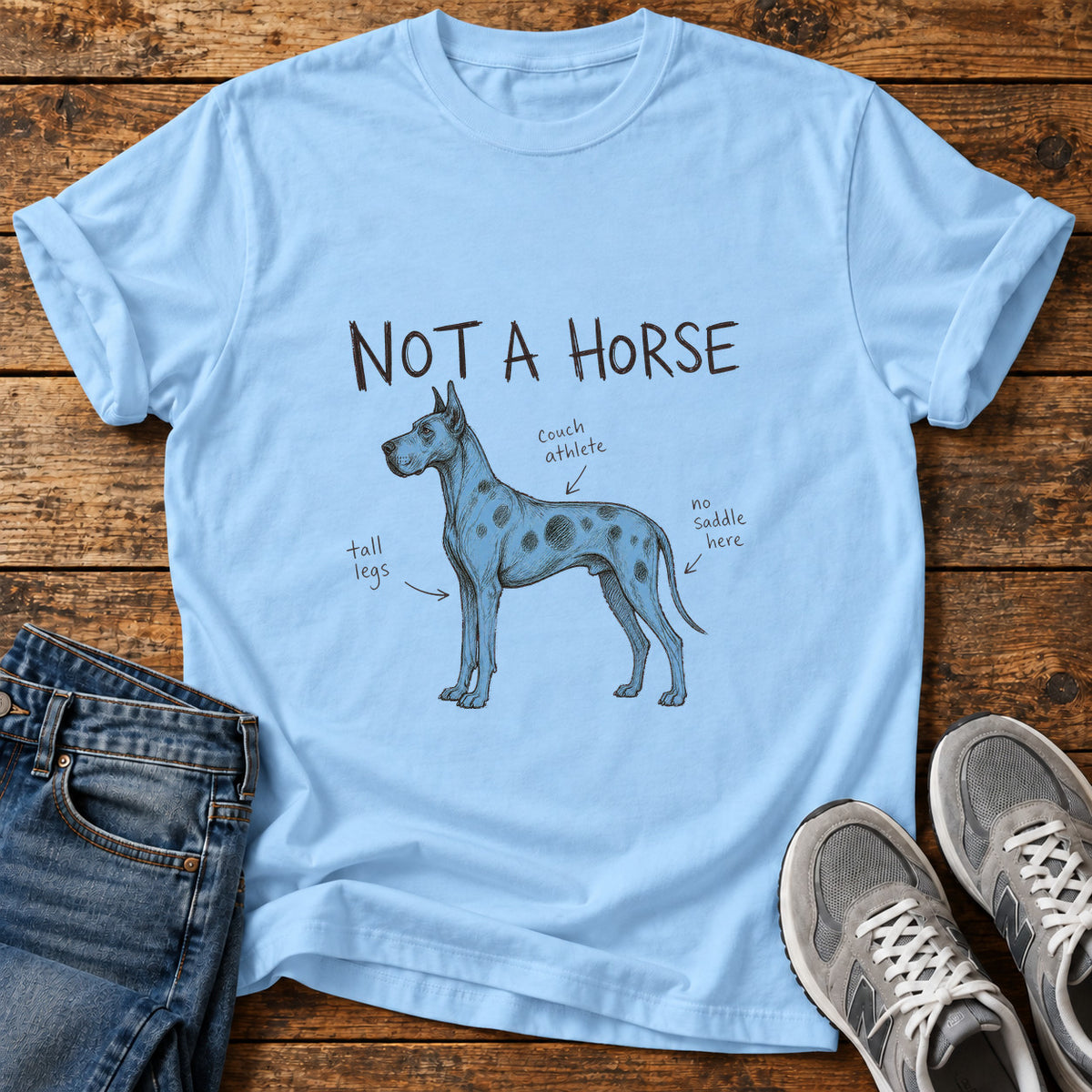 Not a Horse Great Dane graphic T-shirt in Light Blue, shown on a flat-lay shirt mockup