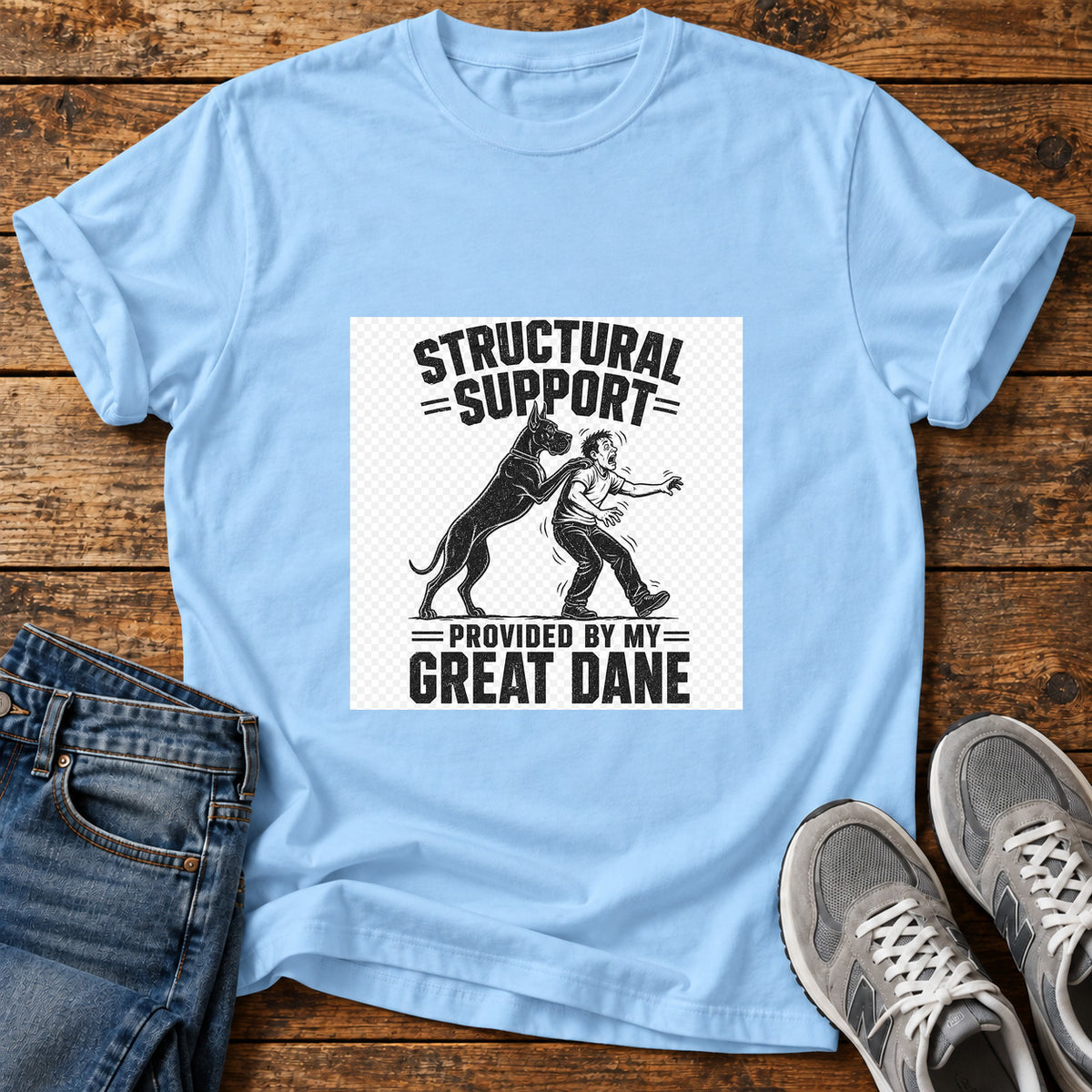 Structural Support Great Dane graphic T-shirt in Light Blue, shown on a flat-lay shirt mockup