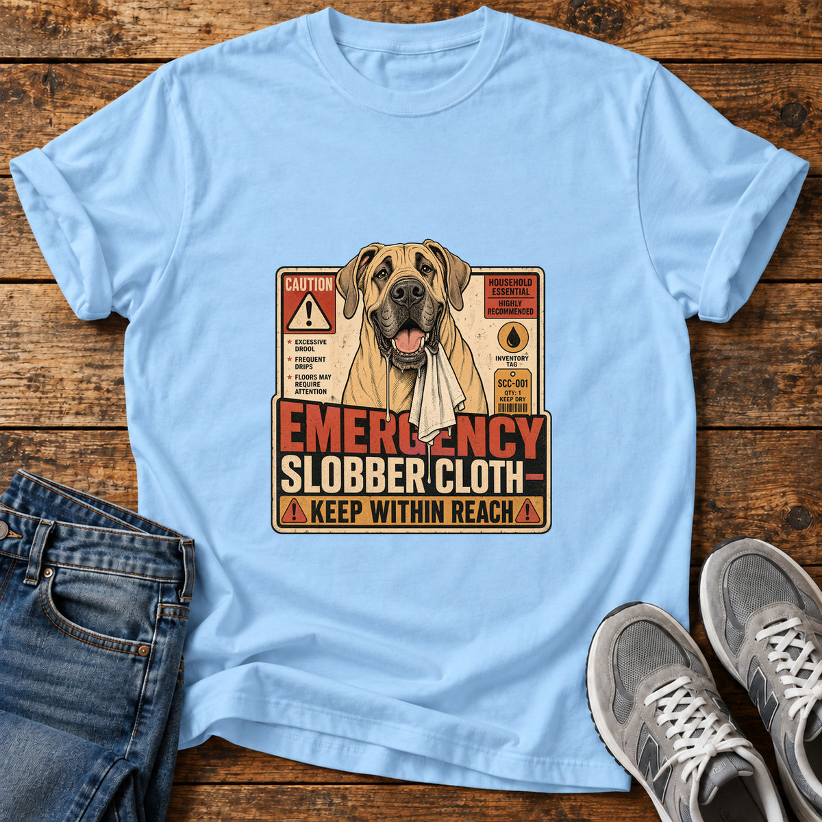 Emergency Slobber Cloth Great Dane graphic T-shirt in Light Blue, shown on a flat-lay shirt mockup
