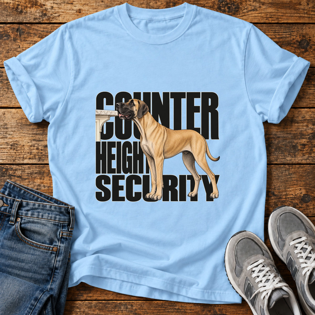 Counter Height Security Great Dane graphic T-shirt in Light Blue, shown on a flat-lay shirt mockup
