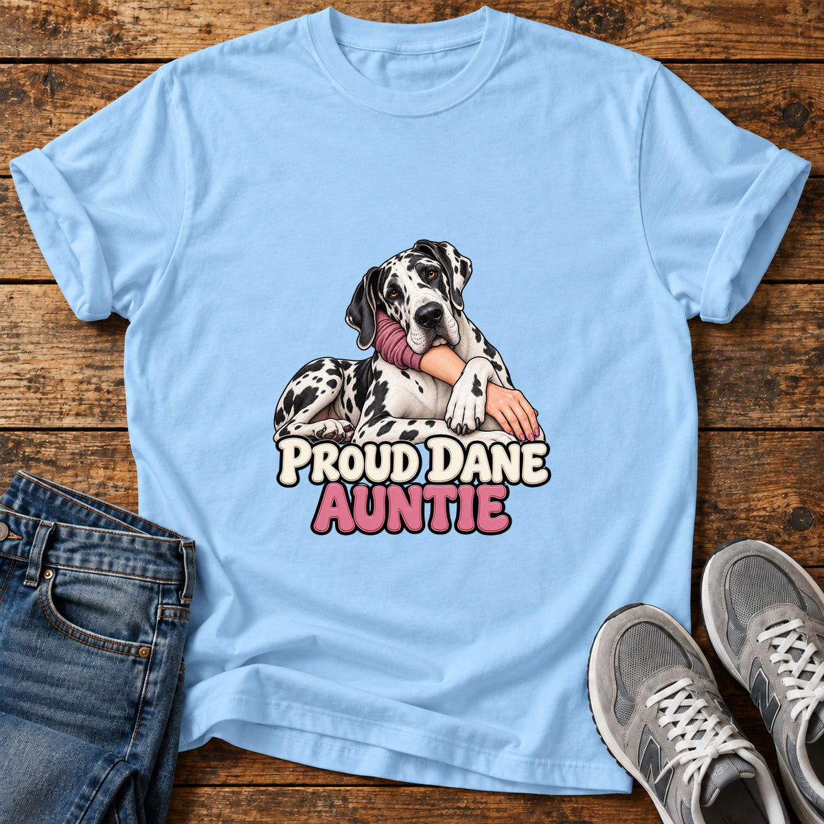 Proud Dane Auntie Great Dane graphic T-shirt in Light Blue, shown on a flat-lay shirt mockup