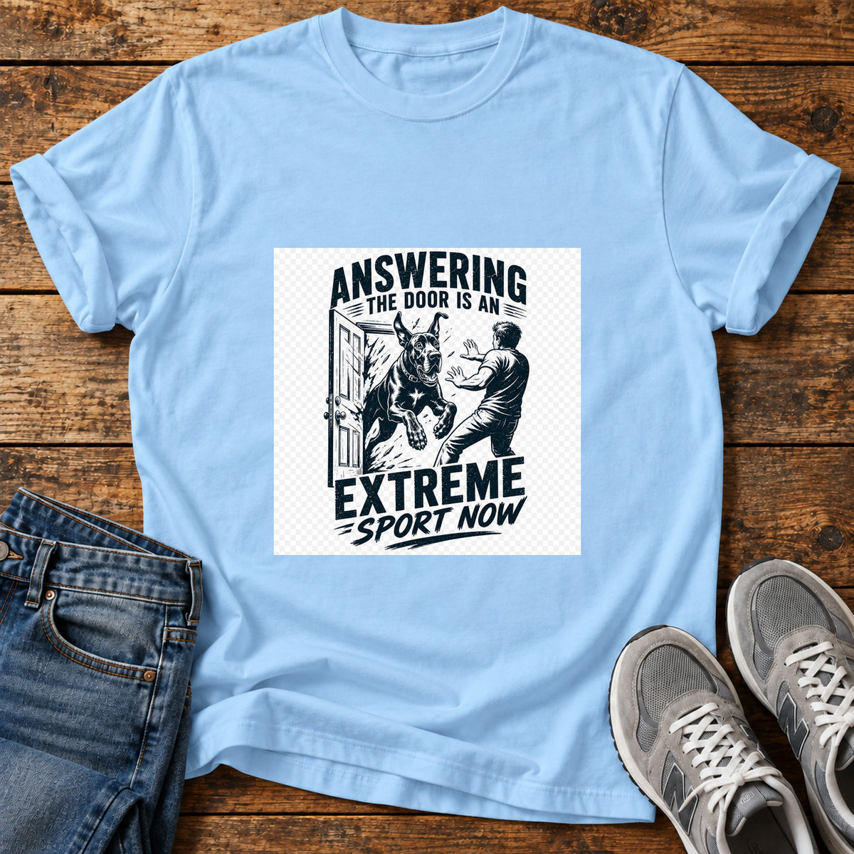 Extreme Sport Now Great Dane graphic T-shirt in Light Blue, shown on a flat-lay shirt mockup