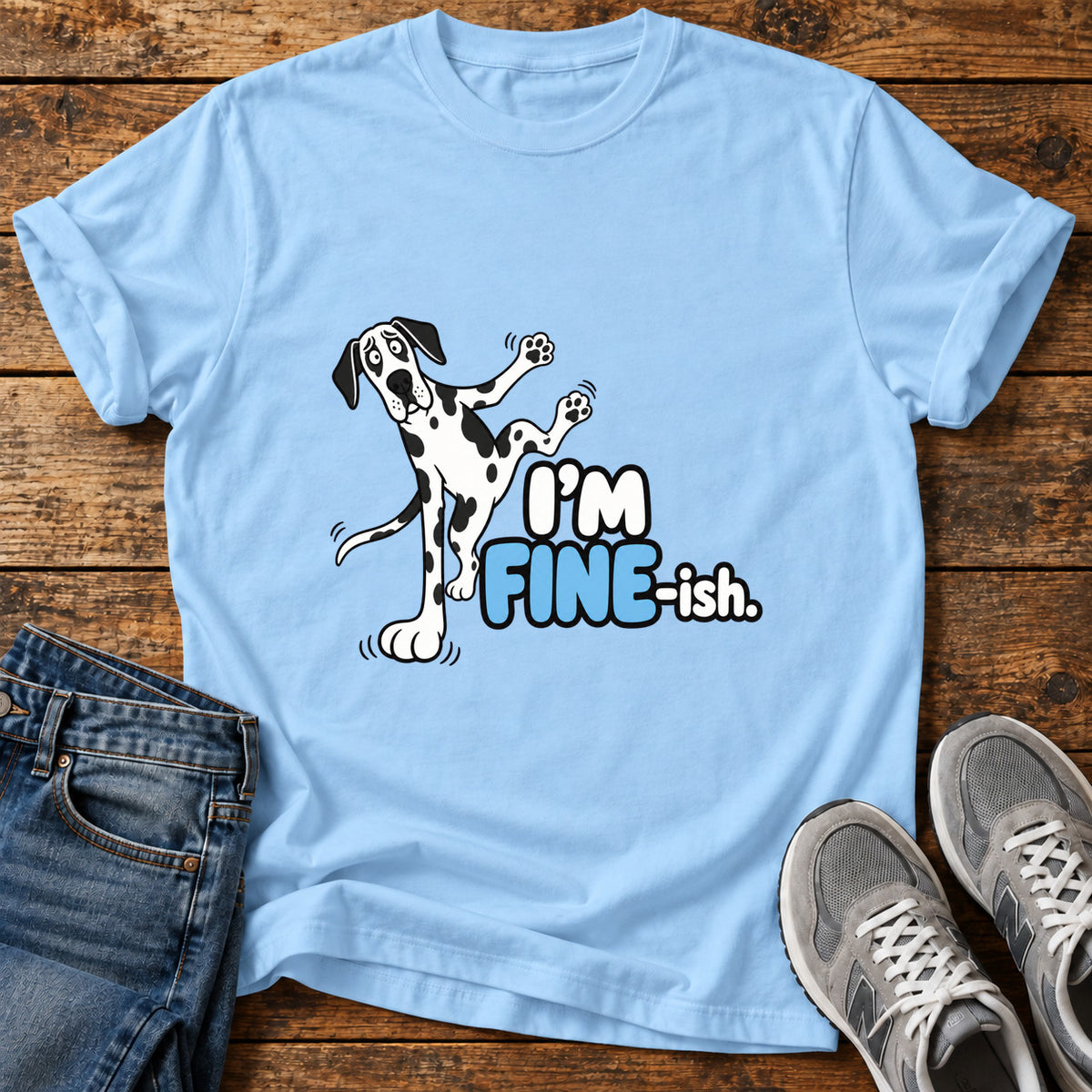 I'm Fine-ish Great Dane graphic T-shirt in Light Blue, shown on a flat-lay shirt mockup
