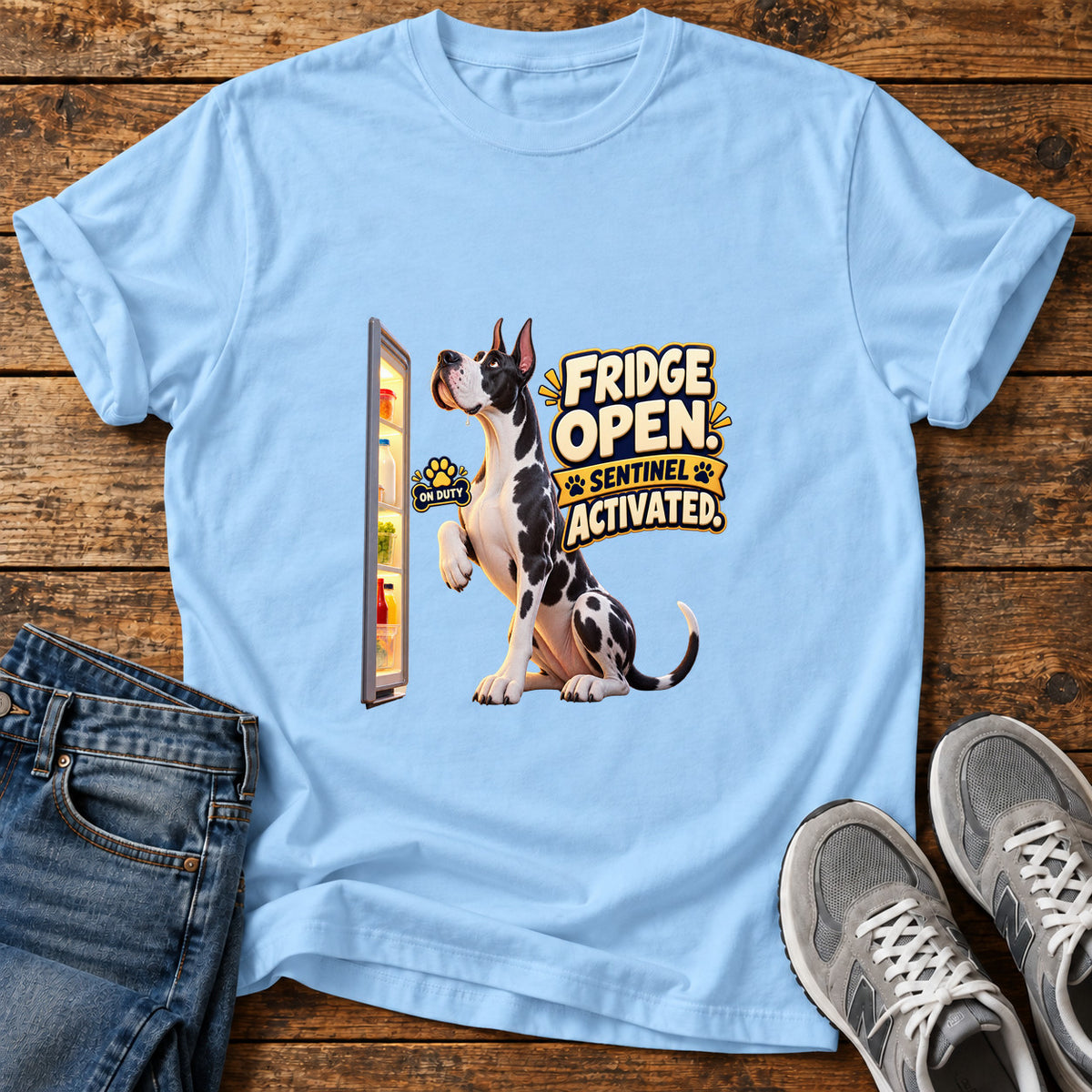 Fridge Sentinel Great Dane graphic T-shirt in Light Blue, shown on a flat-lay shirt mockup