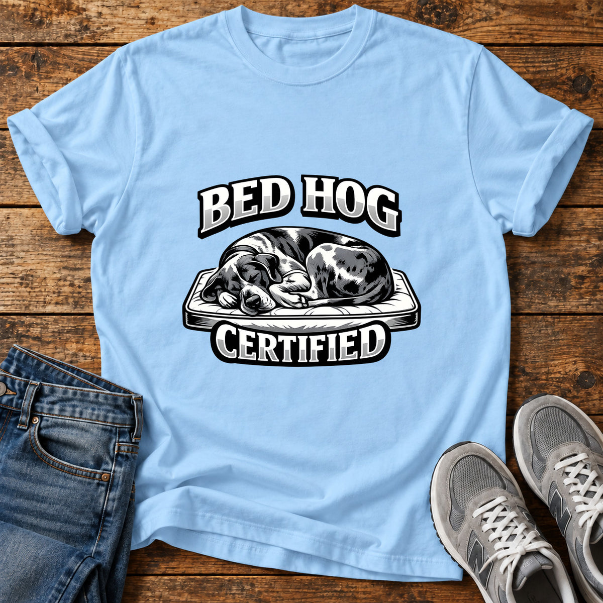Bed Hog Certified Great Dane graphic T-shirt in Light Blue, shown on a flat-lay shirt mockup