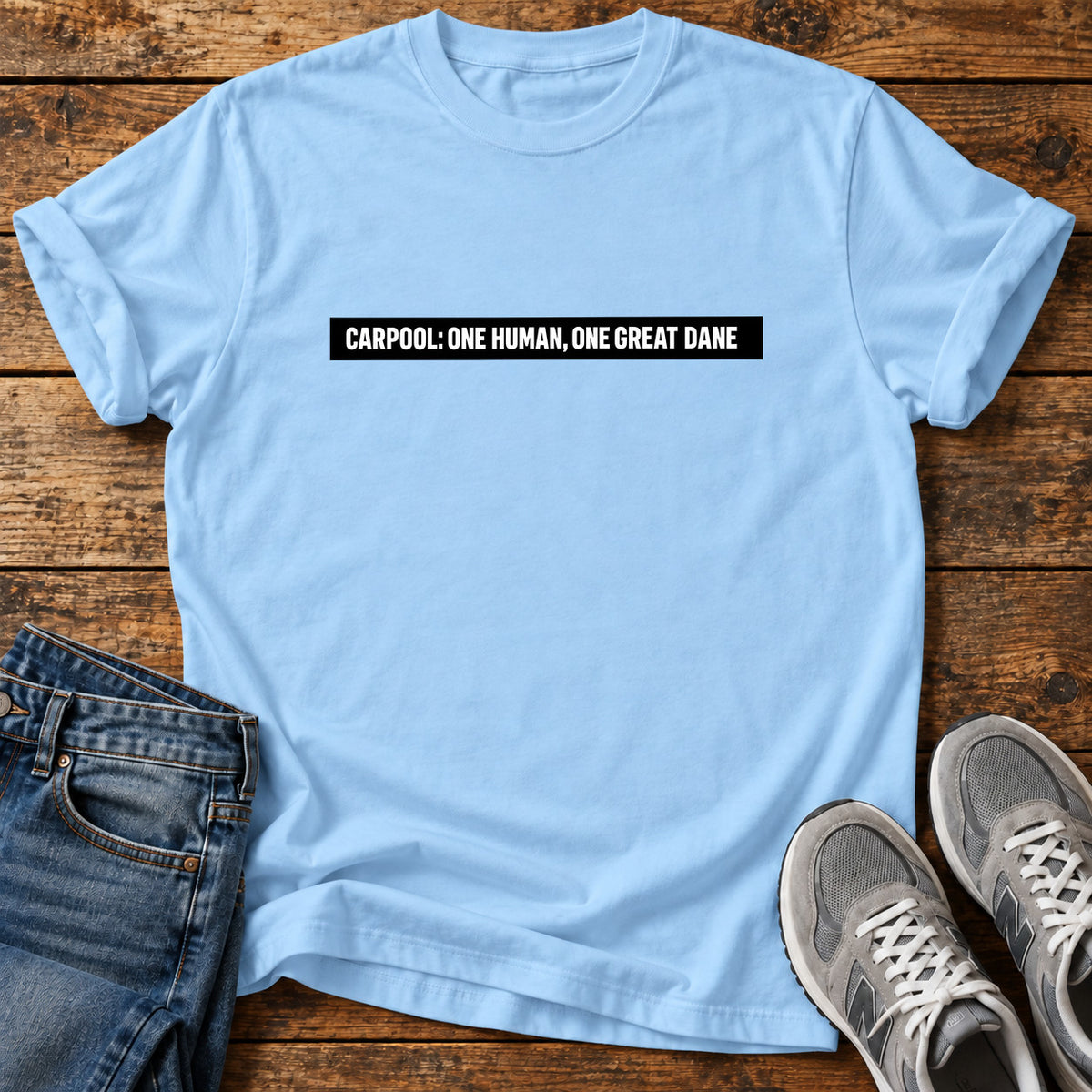 Carpool Duo Great Dane graphic T-shirt in Light Blue, shown on a flat-lay shirt mockup
