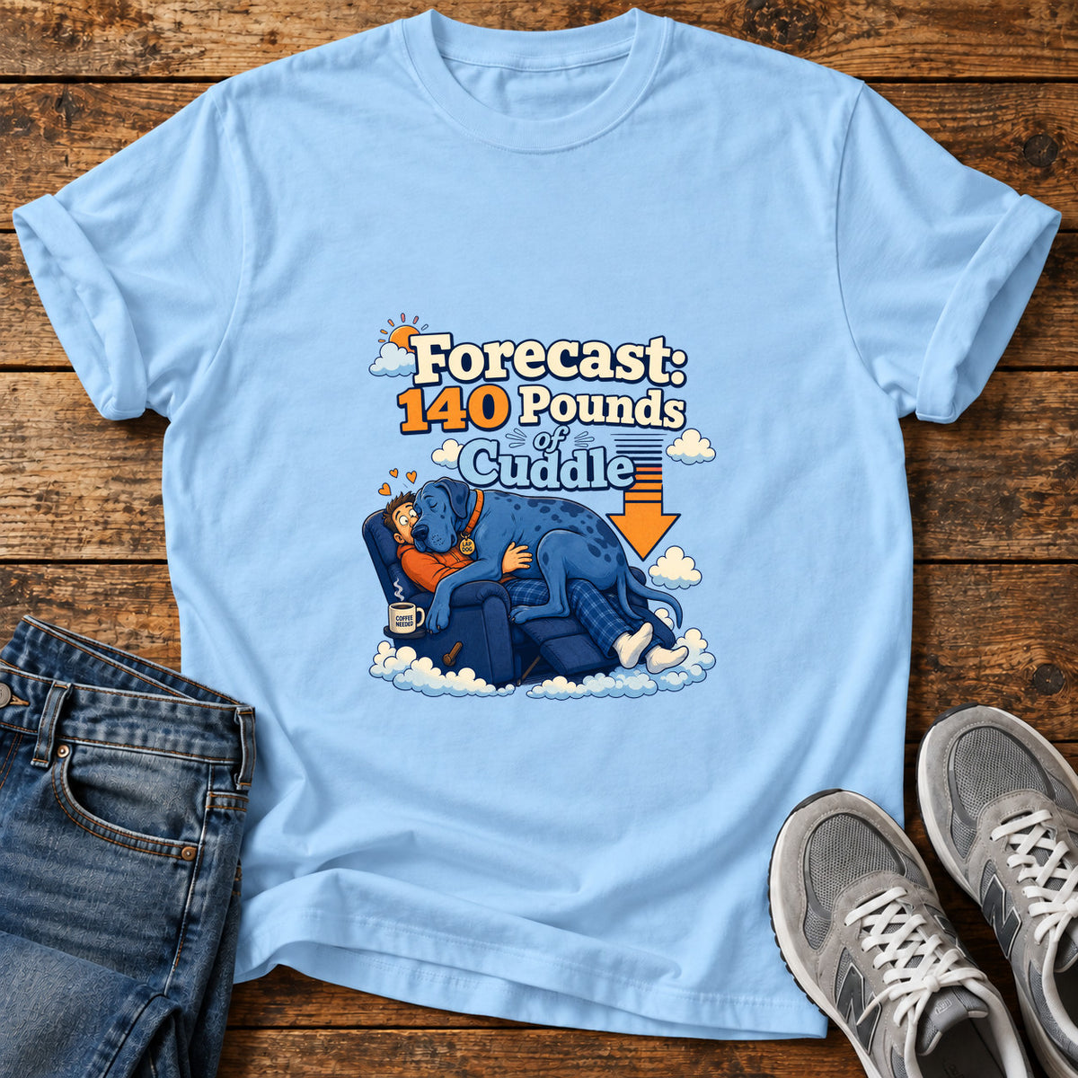 140 Pounds Cuddle Great Dane graphic T-shirt in Light Blue, shown on a flat-lay shirt mockup