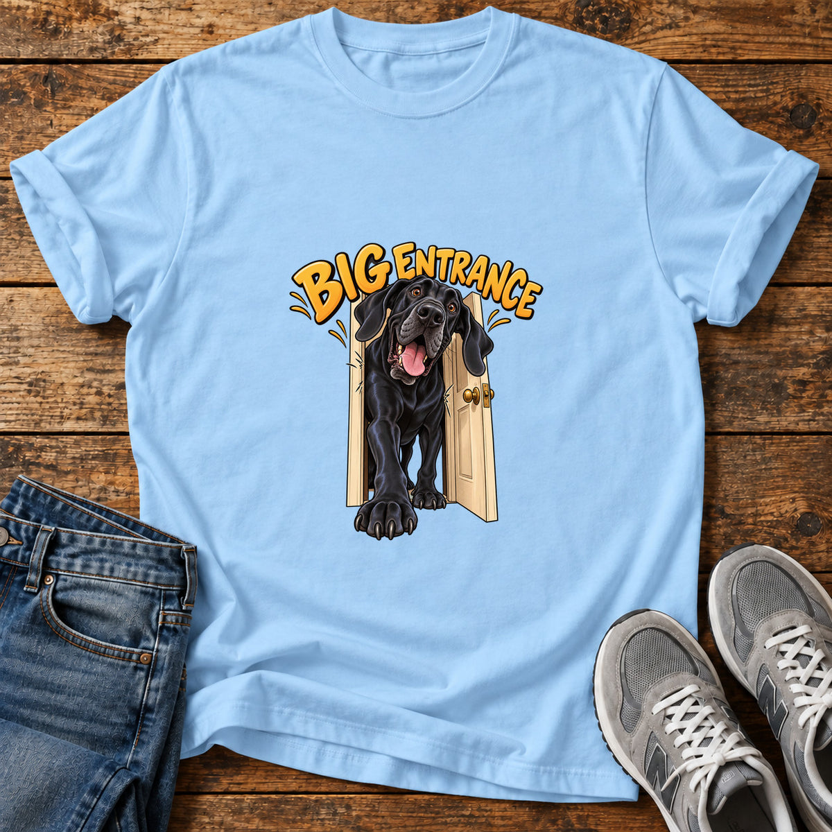 Big Entrance Great Dane graphic T-shirt in Light Blue, shown on a flat-lay shirt mockup