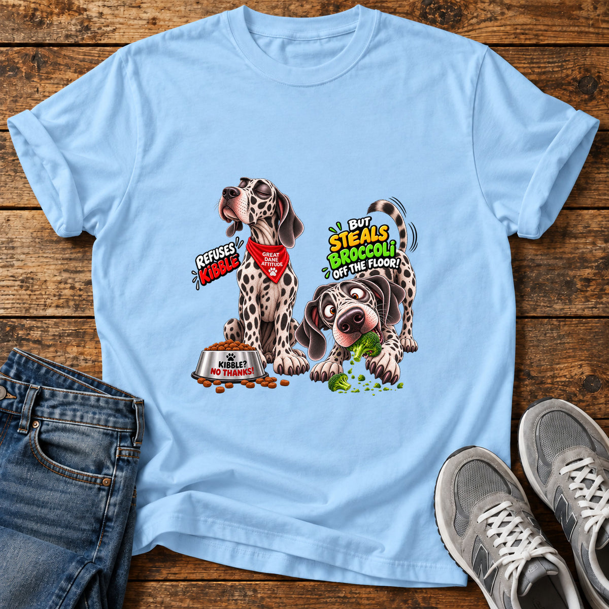 Great Dane Kibble graphic T-shirt in Light Blue, shown on a flat-lay shirt mockup
