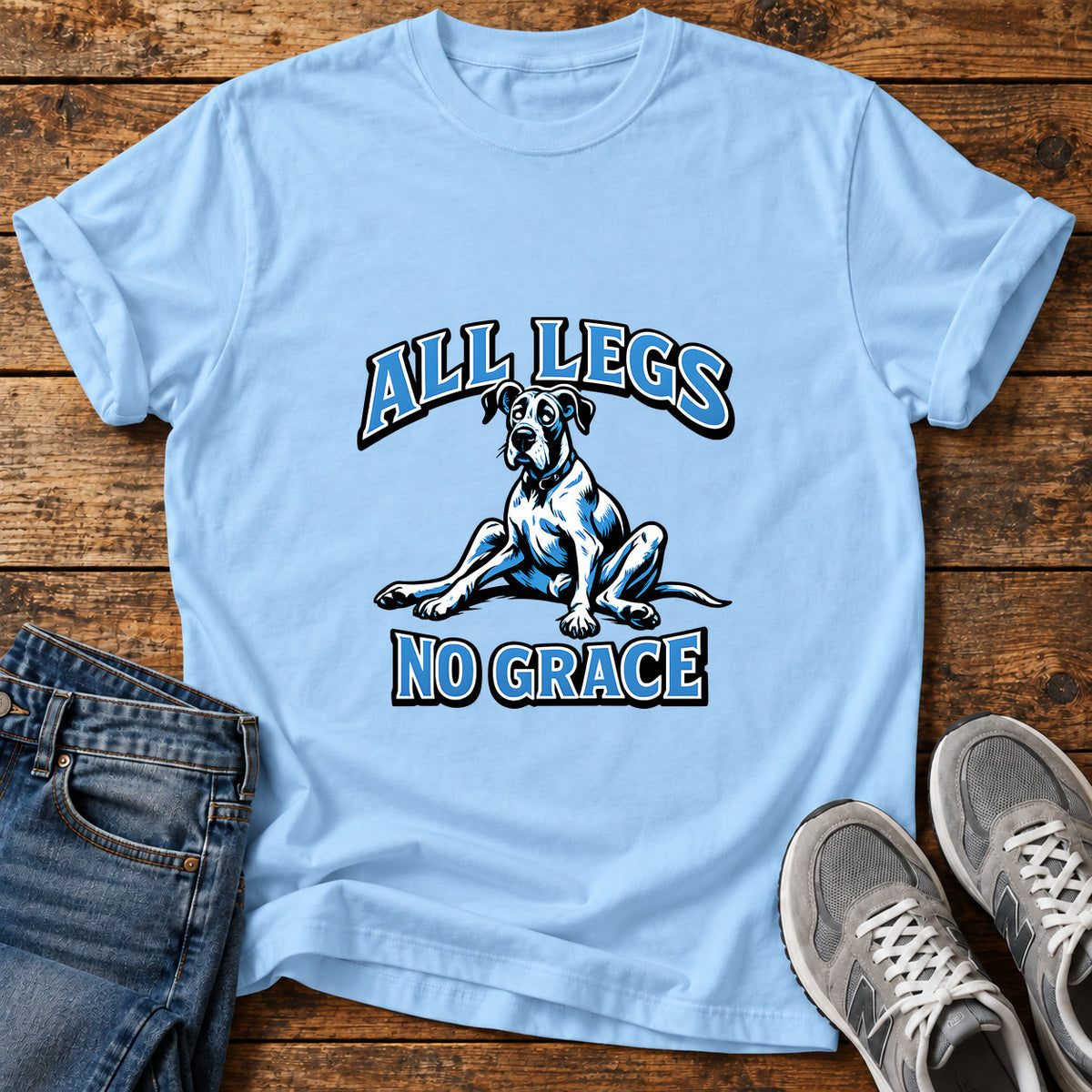 All Legs Great Dane graphic T-shirt in Light Blue, shown on a flat-lay shirt mockup