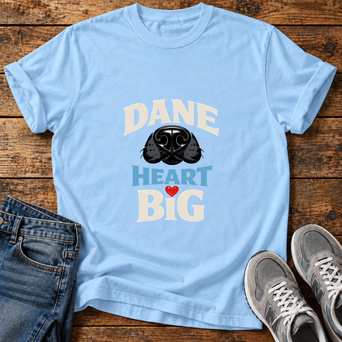 Dane Heart Big Great Dane graphic T-shirt in Light Blue, shown on a flat-lay shirt mockup