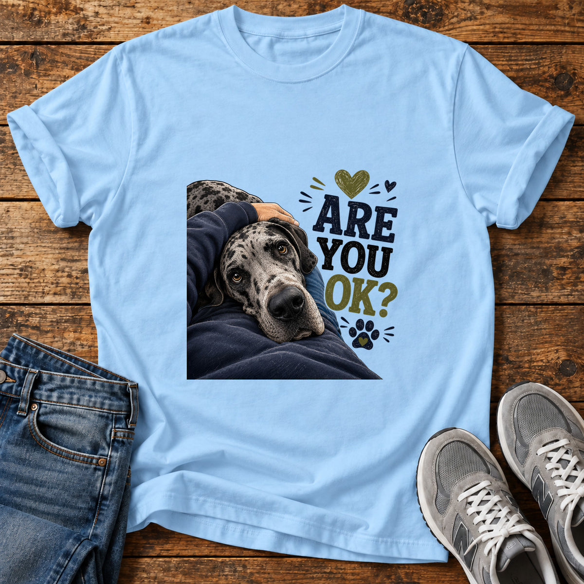 Are You OK Great Dane graphic T-shirt in Light Blue, shown on a flat-lay shirt mockup