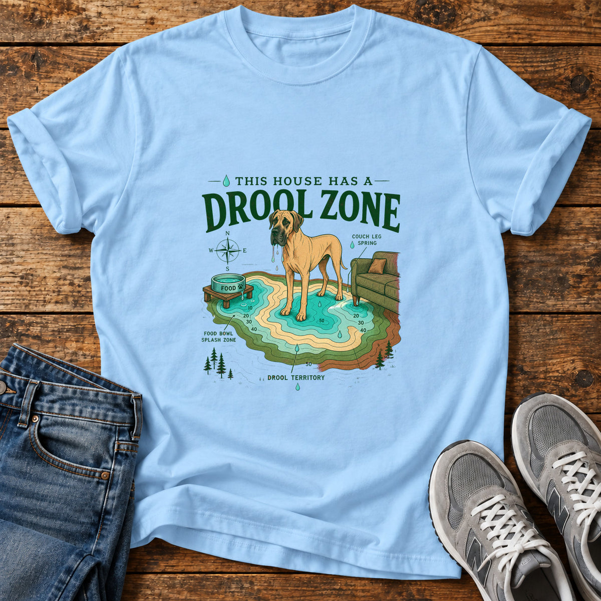 Drool Zone Zone Great Dane graphic T-shirt in Light Blue, shown on a flat-lay shirt mockup