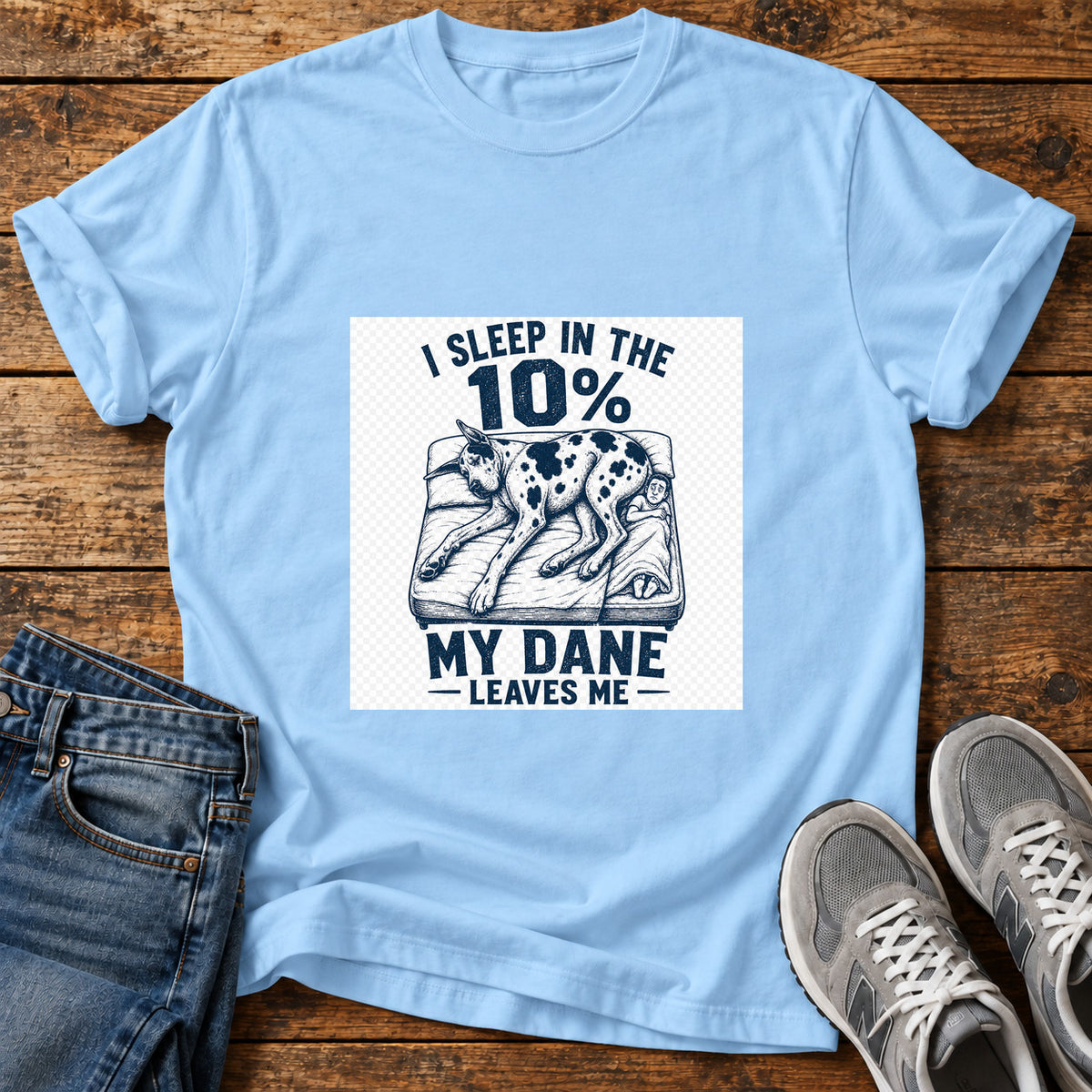 10 Percent Sleeper Great Dane graphic T-shirt in Light Blue, shown on a flat-lay shirt mockup