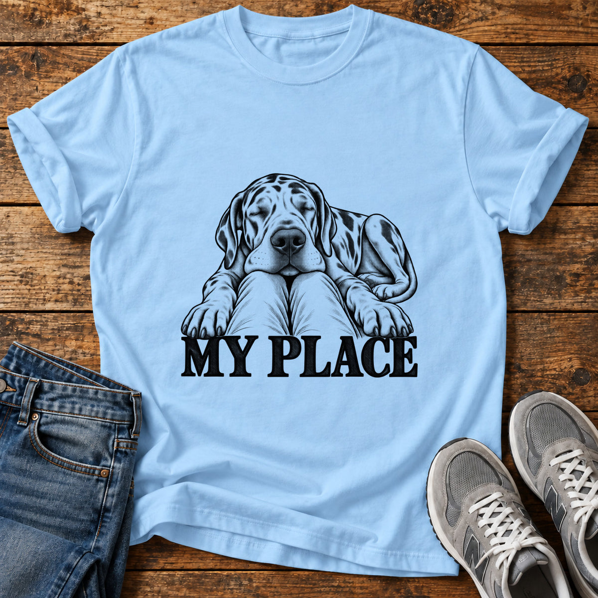 My Place Great Dane graphic T-shirt in Light Blue, shown on a flat-lay shirt mockup
